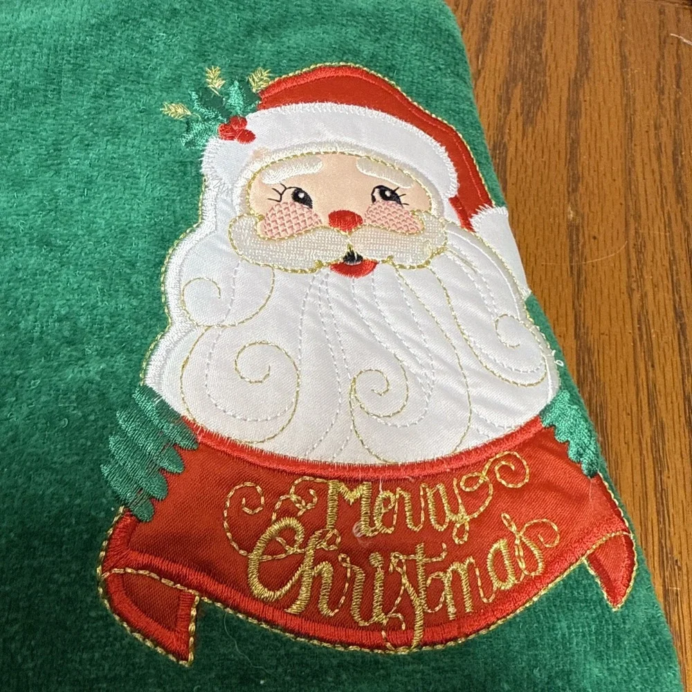 Vintage Santa Towel Set Bath Hand Towels & Washcloth Green Merry Christmas